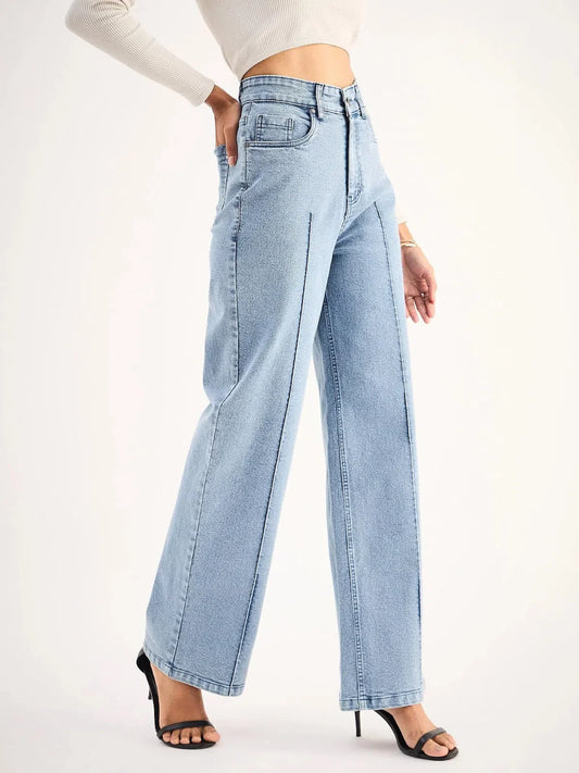 Women Blue High Waist Front Dart Straight Jeans 1200