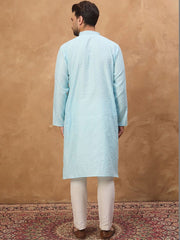 Ethnic Bay Men Blue Silk Blend Solid Embroidered Straight Kurta With Pant Set-MKSET1452
