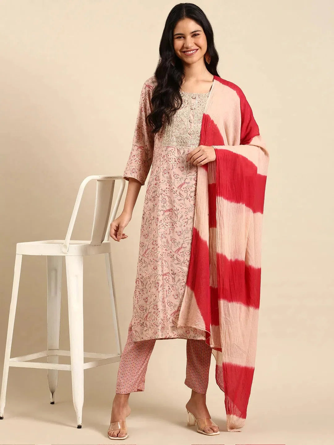 Pink Floral Women's Kurta Set | Polyester Indian Kurta Sets