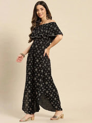 Off shoulder Flare yoke and U hem maxi dress in Black-TP0432RP44