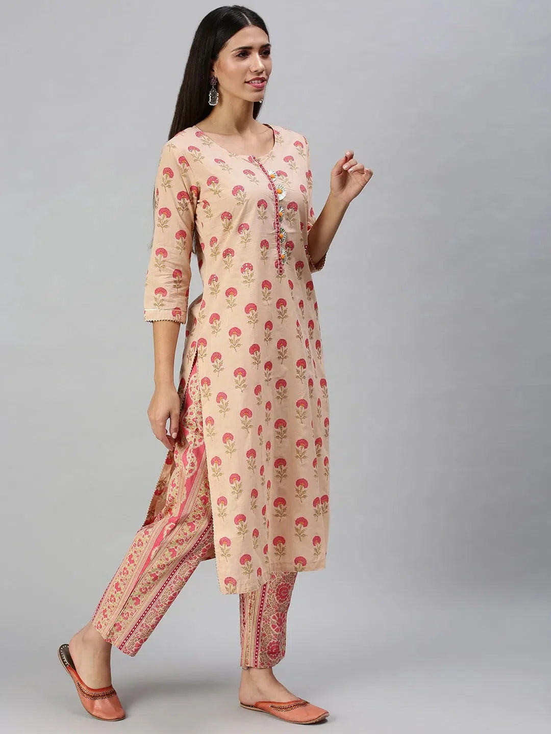 Pink Floral Cotton Kurta Sets | Women's Designer Kurta Sets