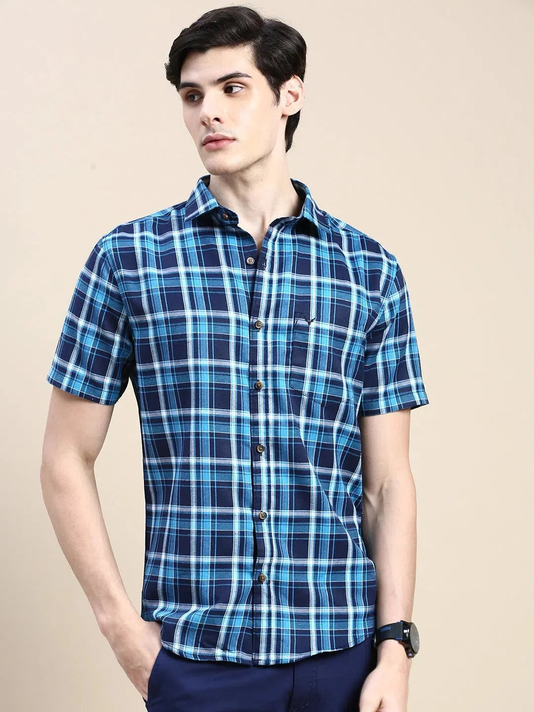 Trending Navy Checked Mens Shirt - DesiQlo Cotton Casual Shirts