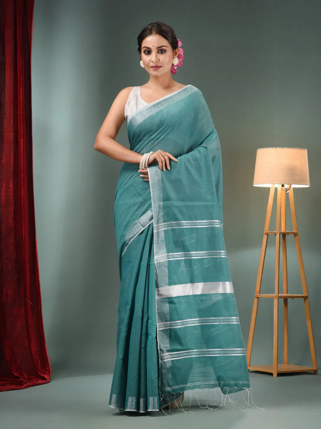 Teal Handwoven Cotton Saree | Indian Sarees with Zari