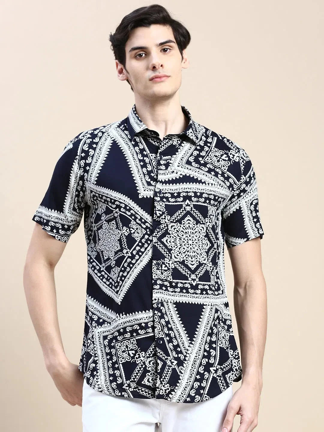 Navy Printed Mens Shirt - Cotton Ethnic Motif Casual Shirt