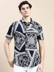 Men Navy Printed Casual Shirt-GEORGE-1637-Navyblue