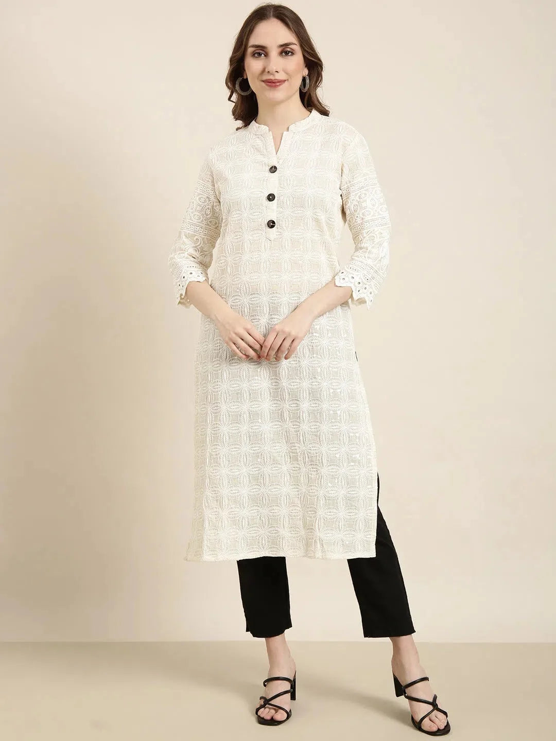 Cream Embellished Cotton Kurta | Elegant Indian Kurta Ladies