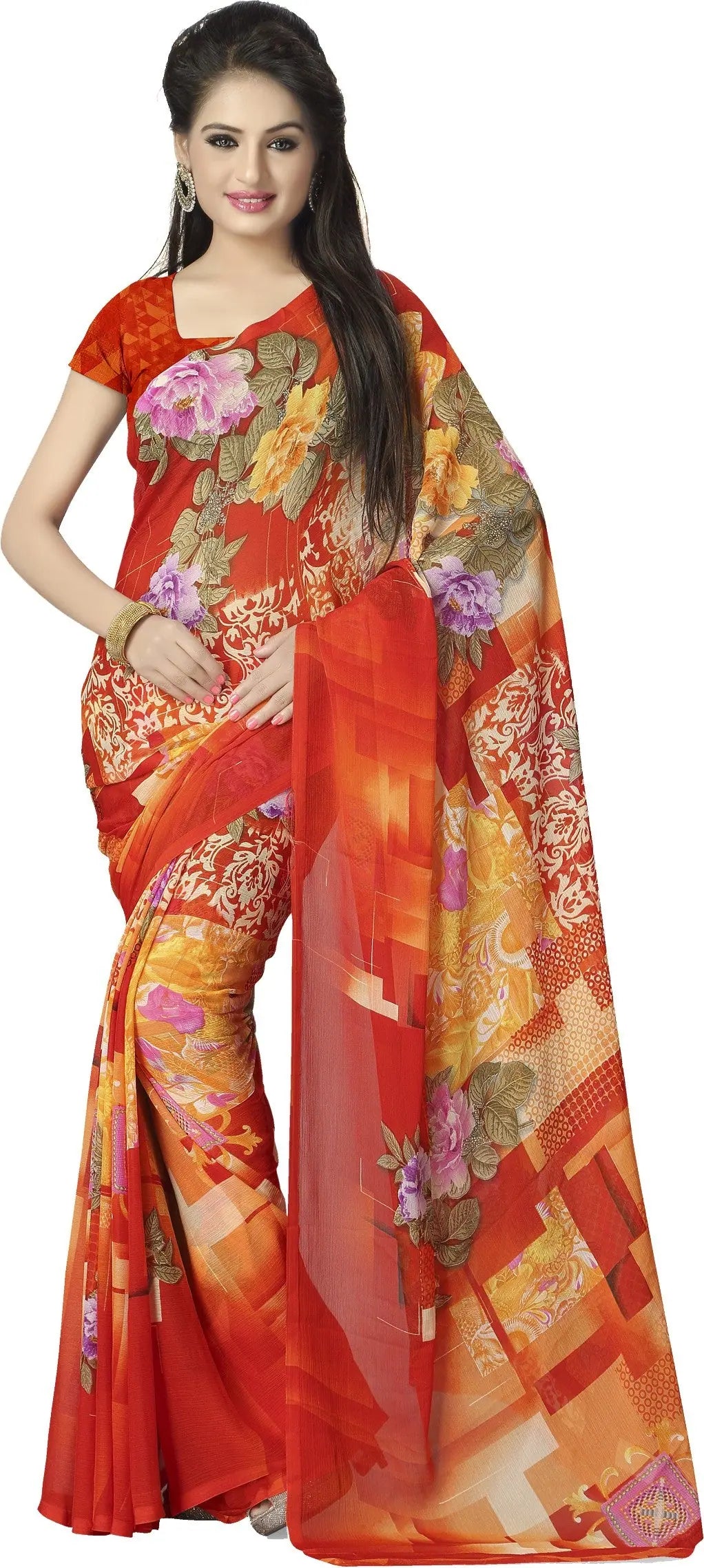 Red Printed Georgette Saree-Raga3095a-Standard