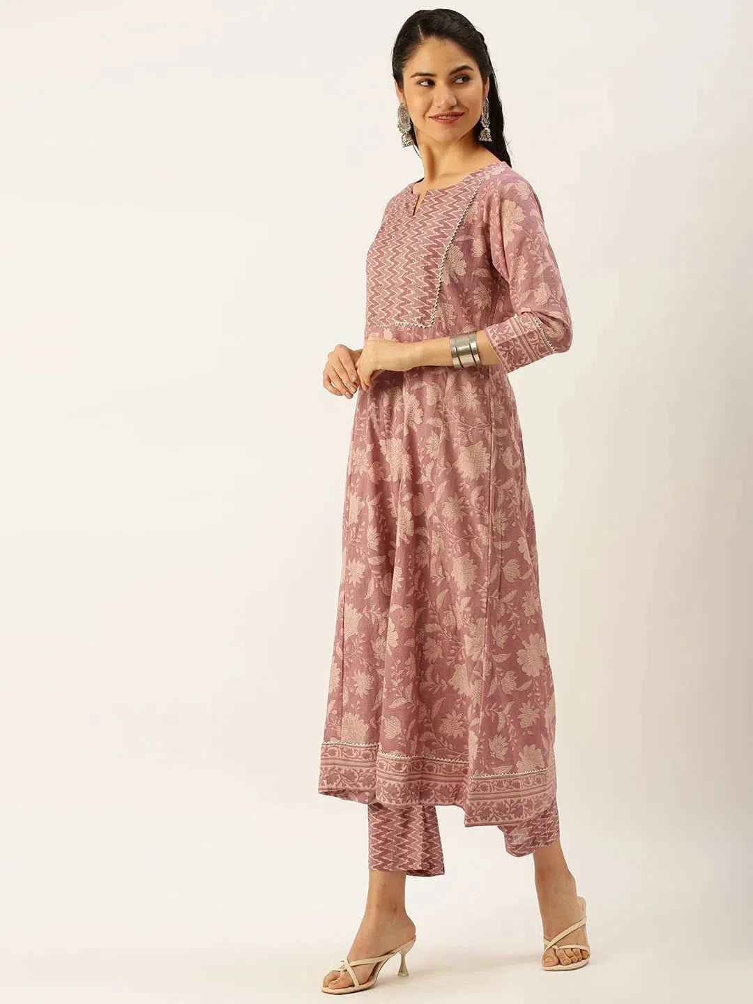 Women's Mauve Floral Printed Cotton Kurta Sets | Showoff