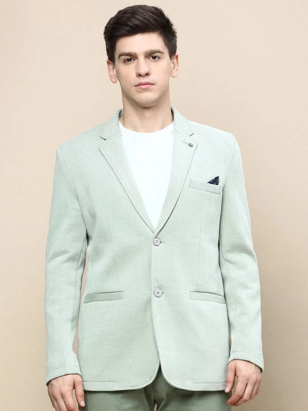 Green Solid Casual Blazer | Men's Nehru Collar - DesiQlo