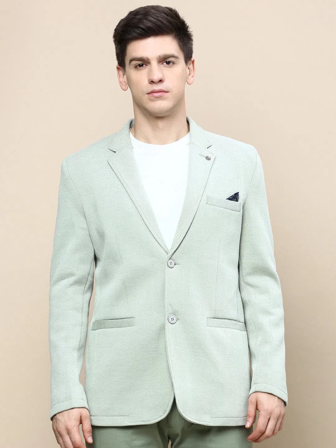 Green Solid Casual Blazer | Men's Nehru Collar - DesiQlo