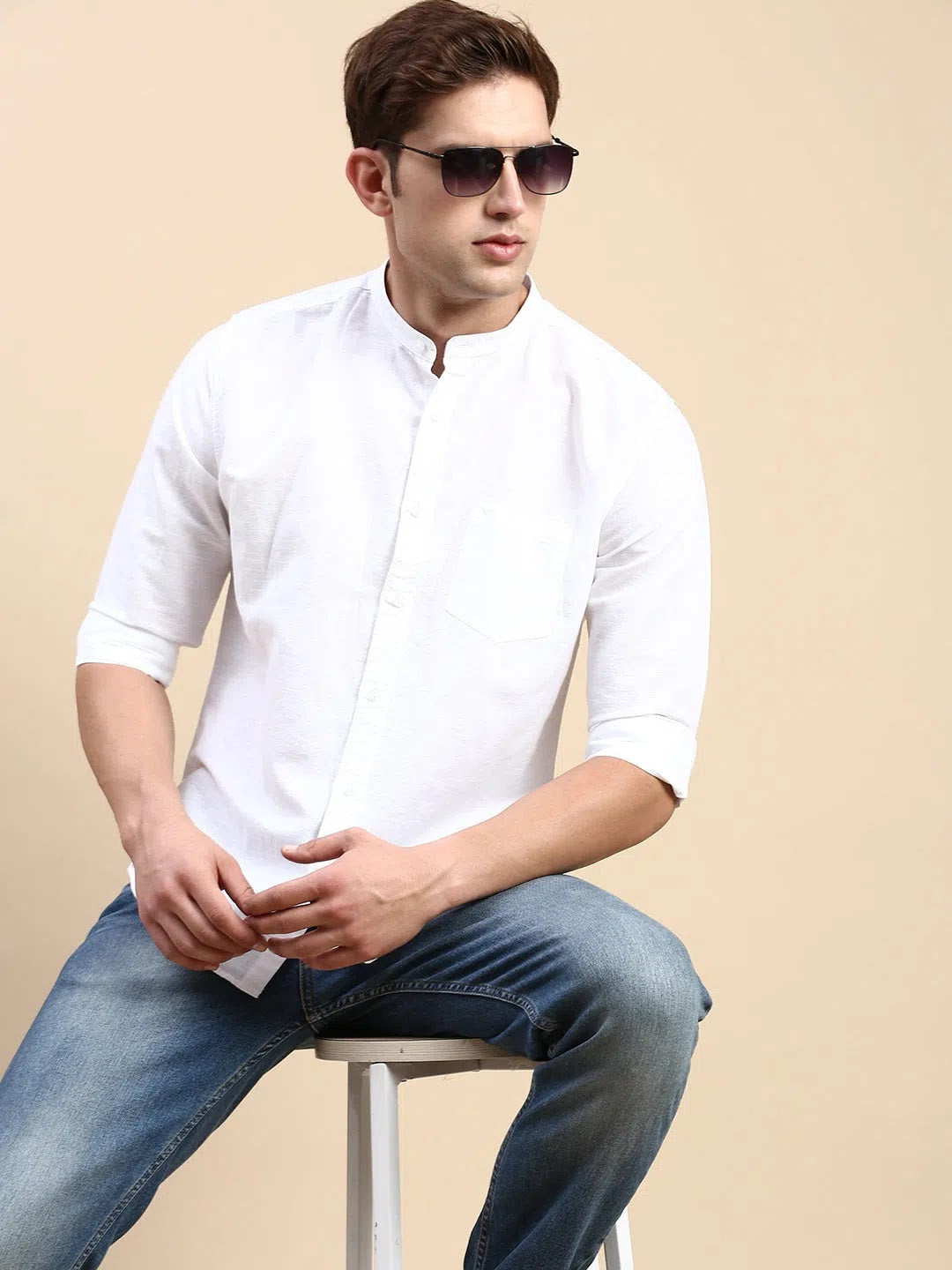 Men White Solid Casual Shirt-ASALINEN-4920-White