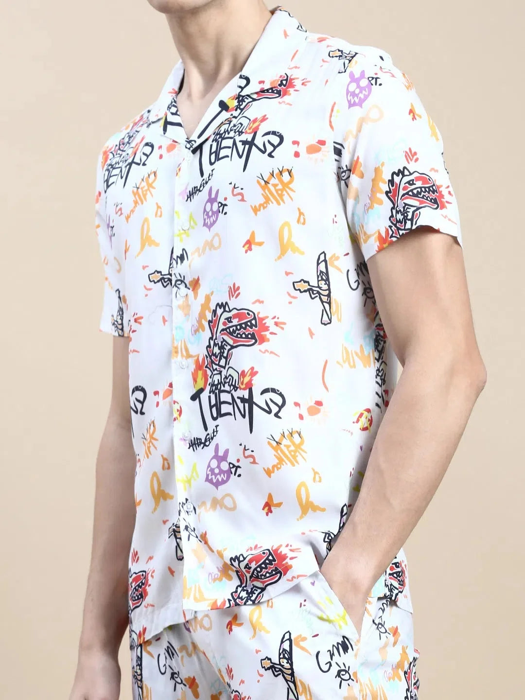 White Printed Co ord Sets Men - Casual Two Piece Sets Cotton