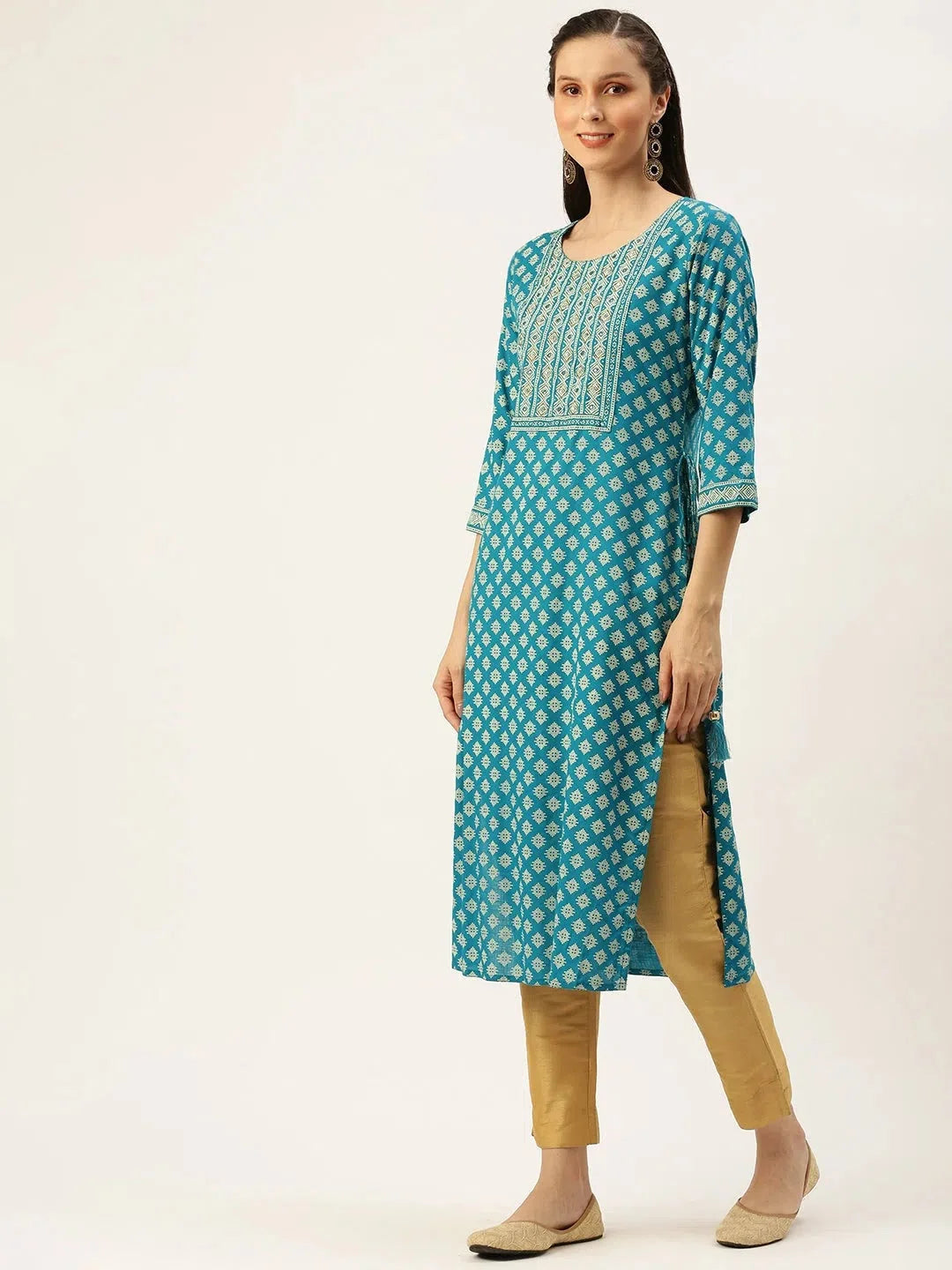 Women's Blue Cotton Indian Kurta | Printed Straight Kurtas