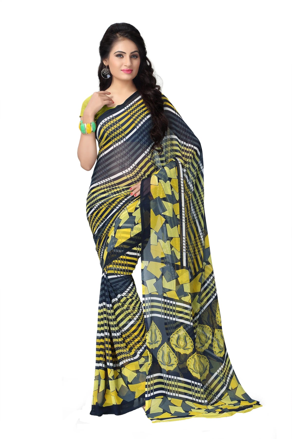 Yellow Printed Georgette Saree-Vega3113a-Standard