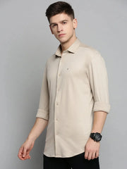 Men Beige Solid Casual Shirt-CARLOKNITS-3227-Tan