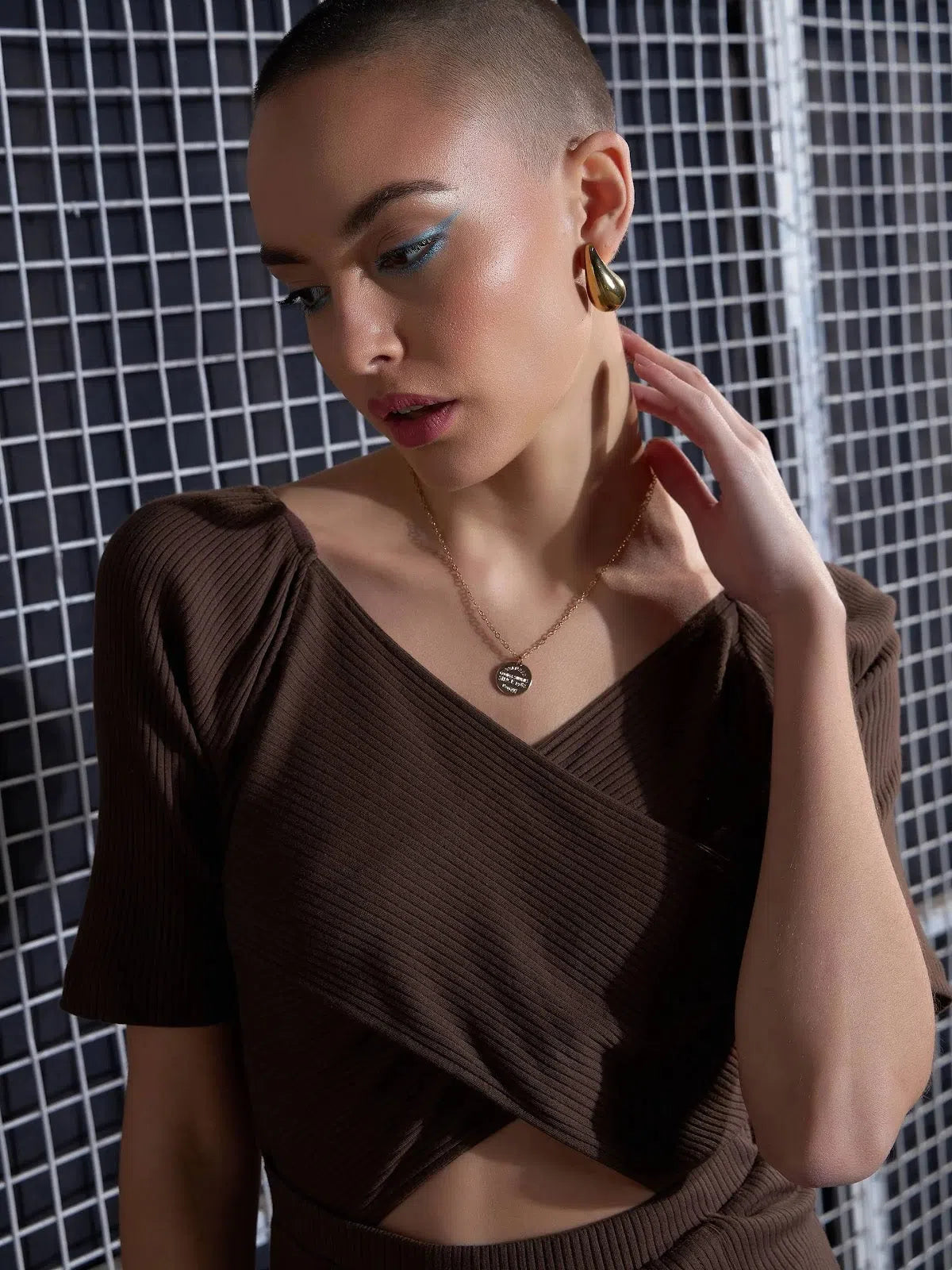 Brown Rib Midi Dress - Women's V-Neck Side Slit Casual Dress