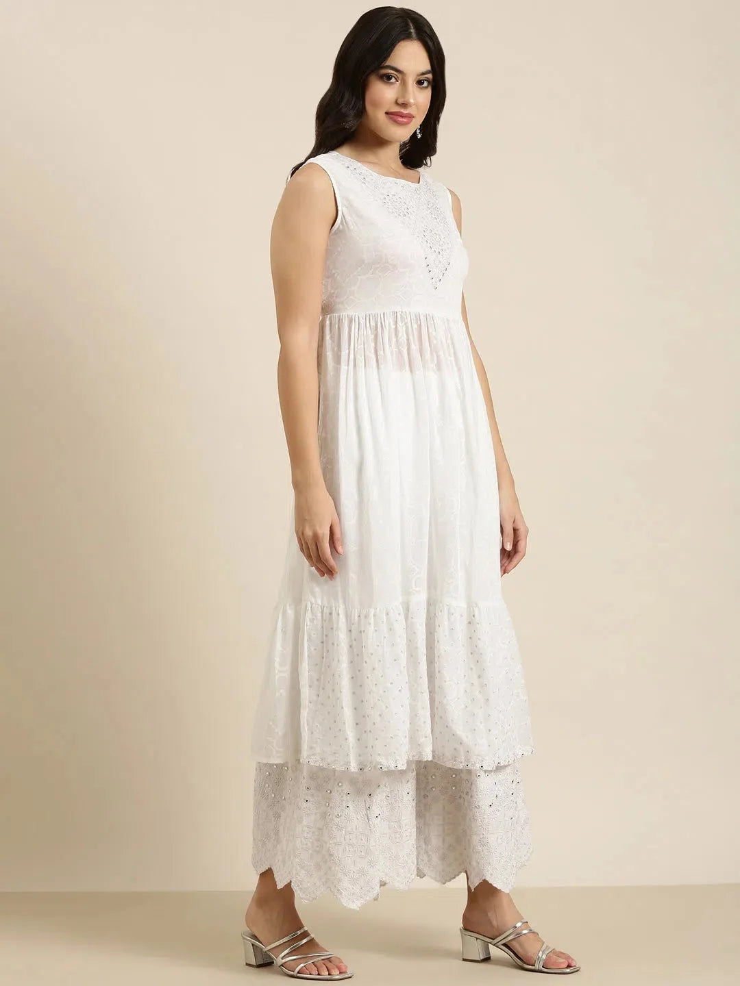 White Floral Anarkali Kurta Set | Cotton Anarkali Suits for Women