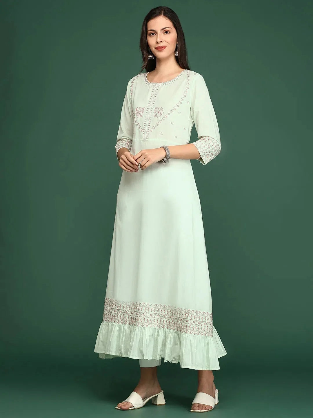 Green Embroidered A-Line Kurta | Cotton Indian Kurtas Online