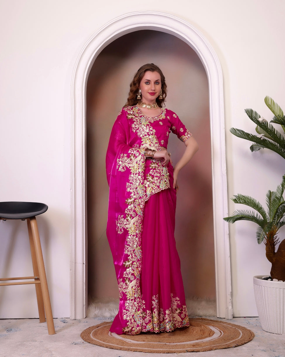Organza Saree for Women - Fuchsia | MLWSHSA9005FUC | DesiQlo
