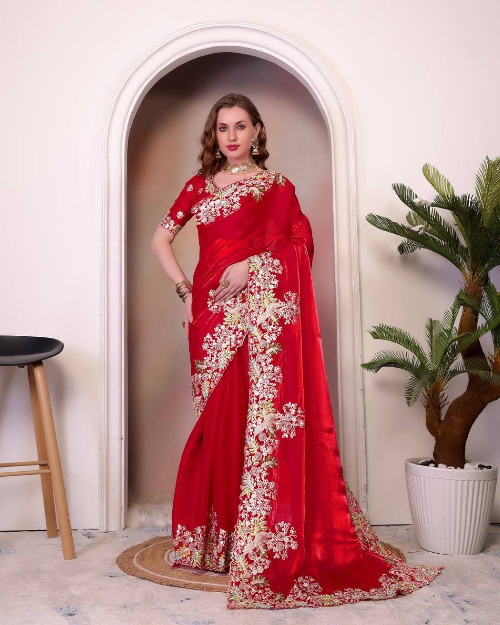 Organza Saree for Women - Red | MLWSHSA9006RED | DesiQlo