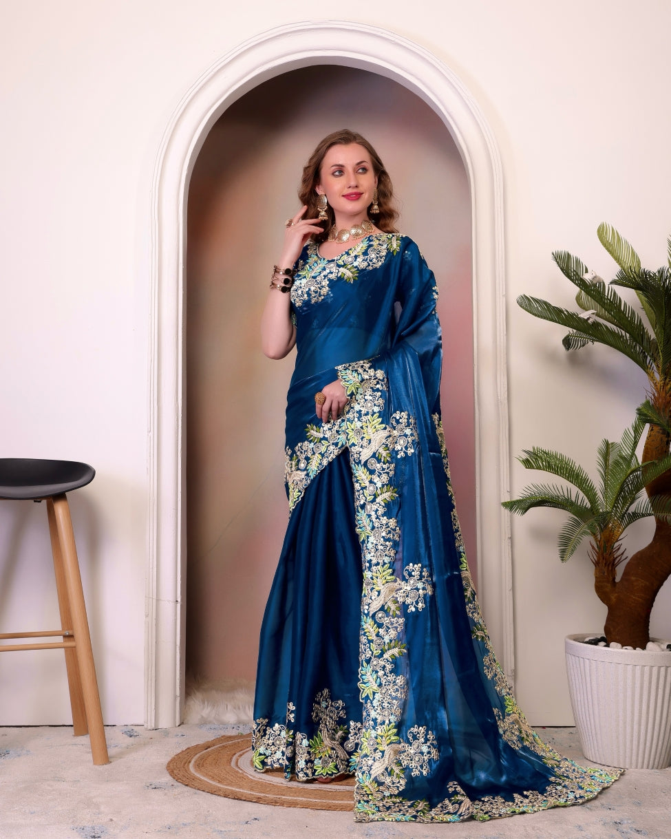 Organza Saree for Women - Teal | MLWSHSA9007TEL