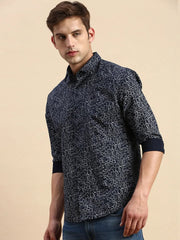 Men Navy Printed Casual Shirt-LUCIAPRINT-8208-Navyblue