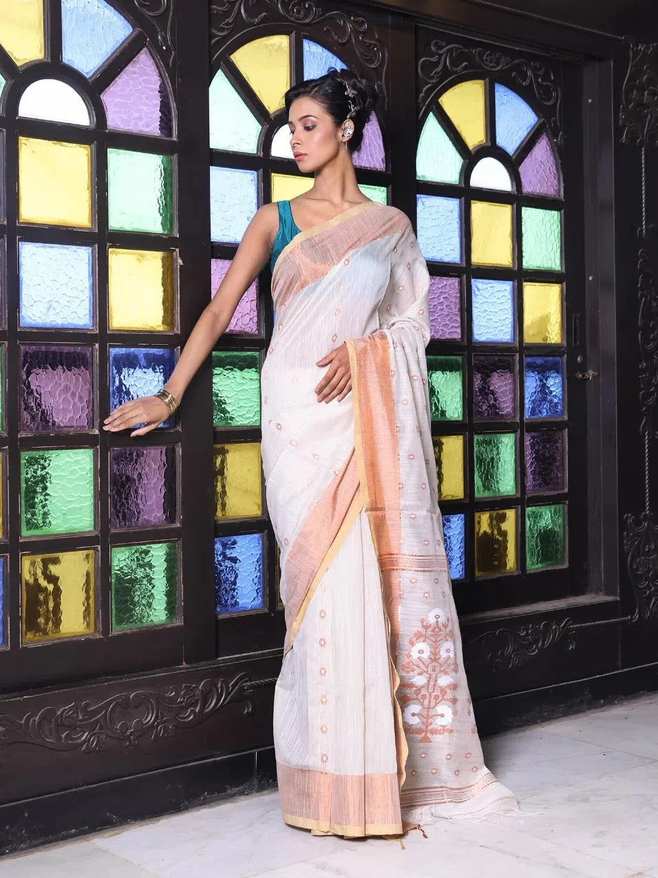 Beige Cotton Saree: Designer Sarees India - Zari Border