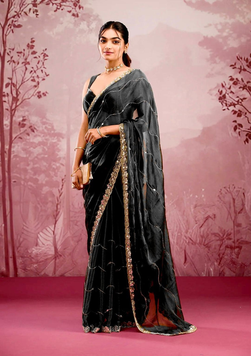 Silk Blend Saree for Women - Black | MLWSHSA9019BLK