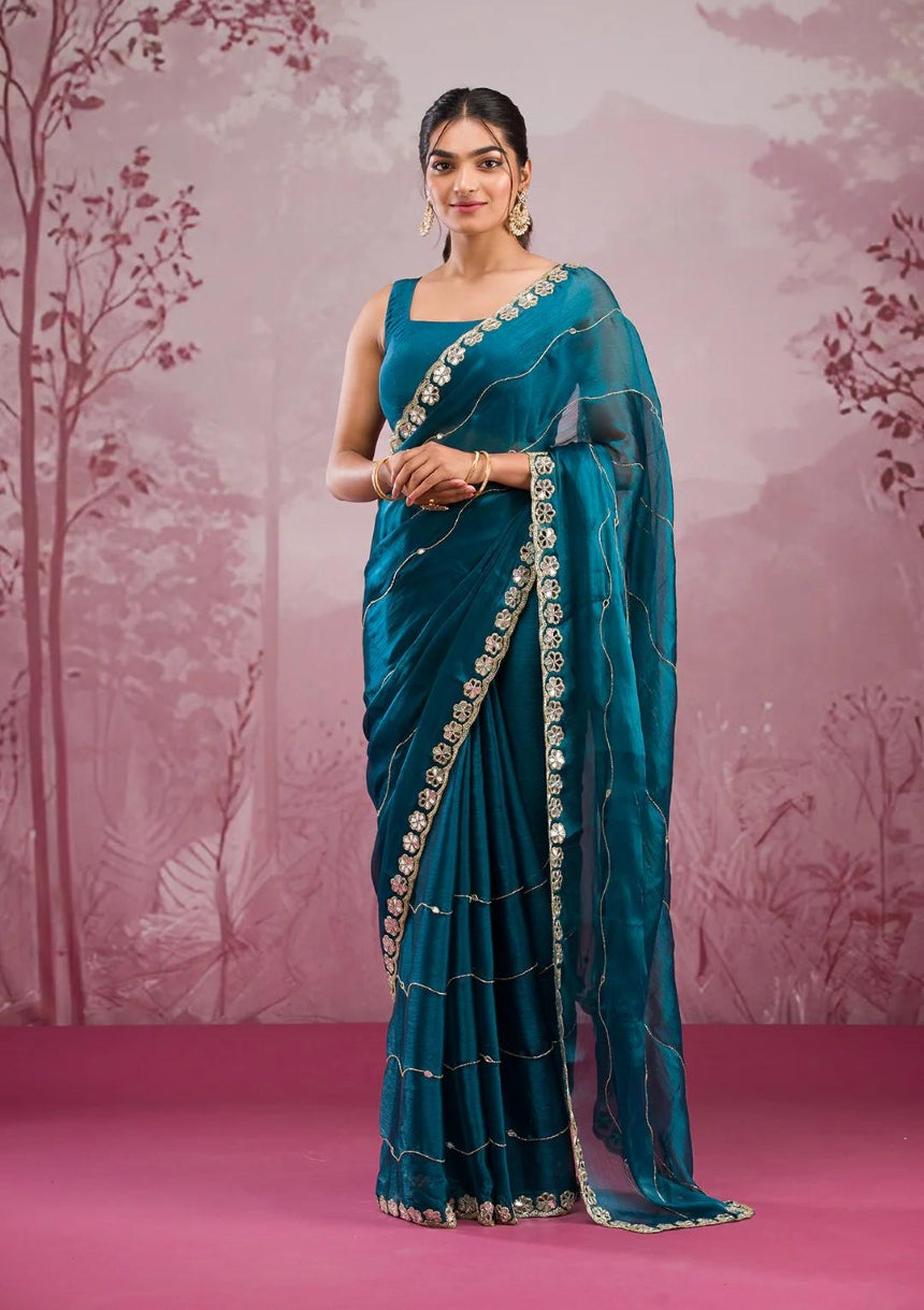 Silk Blend Saree for Women - Teal | MLWSHSA9026TEL | DesiQlo
