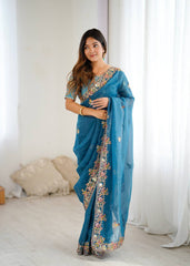 Silk Blend Saree for Women - Teal | MLWSHSA9034TEL