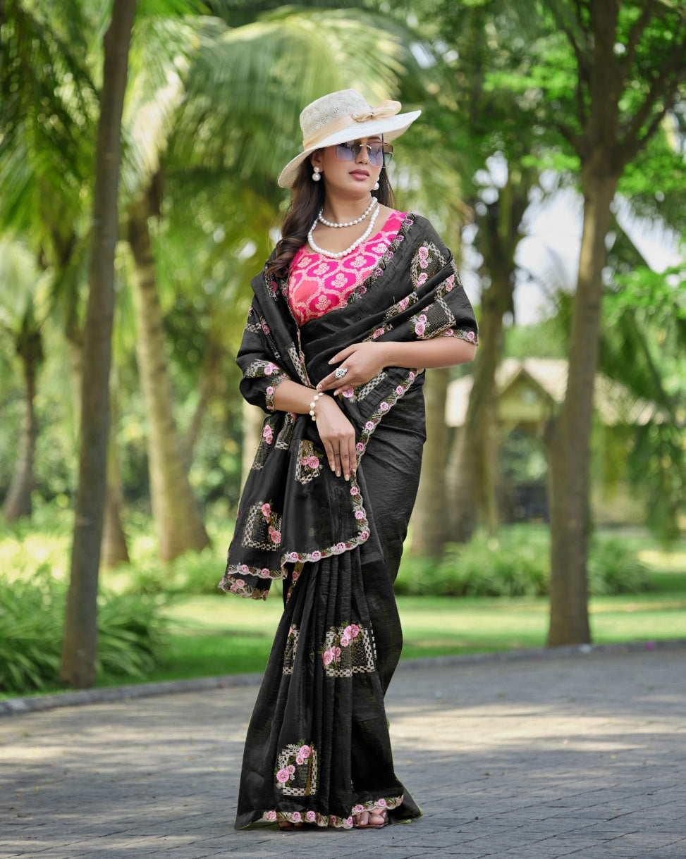 Silk Blend Saree for Women - Black | MLWSHSA9038BLK
