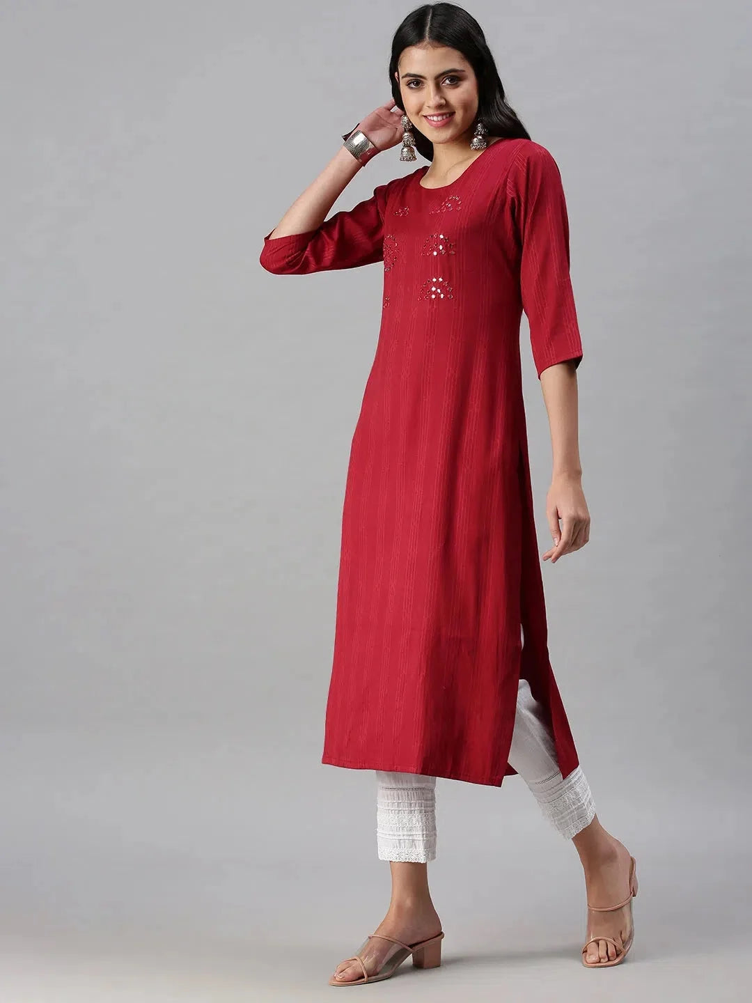 Maroon Striped Cotton Indian Kurta for Women - DesiQlo