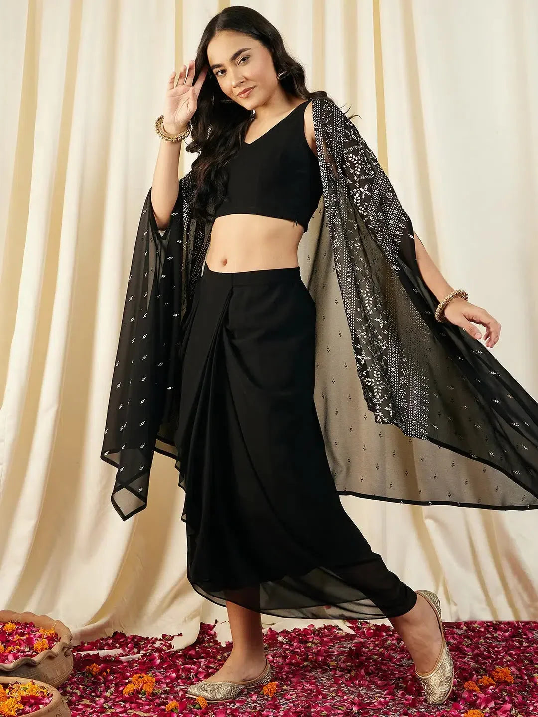 Black Crop Top Draped Skirt & Cape | Designer Lehenga Choli