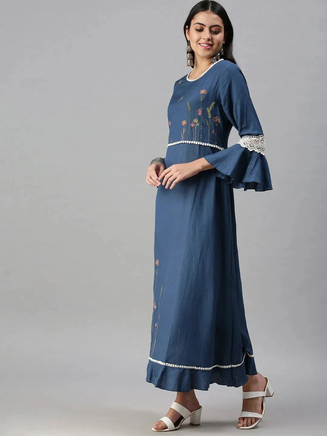 Navy Blue Floral Anarkali Kurta - Women's Anarkali Suit Set