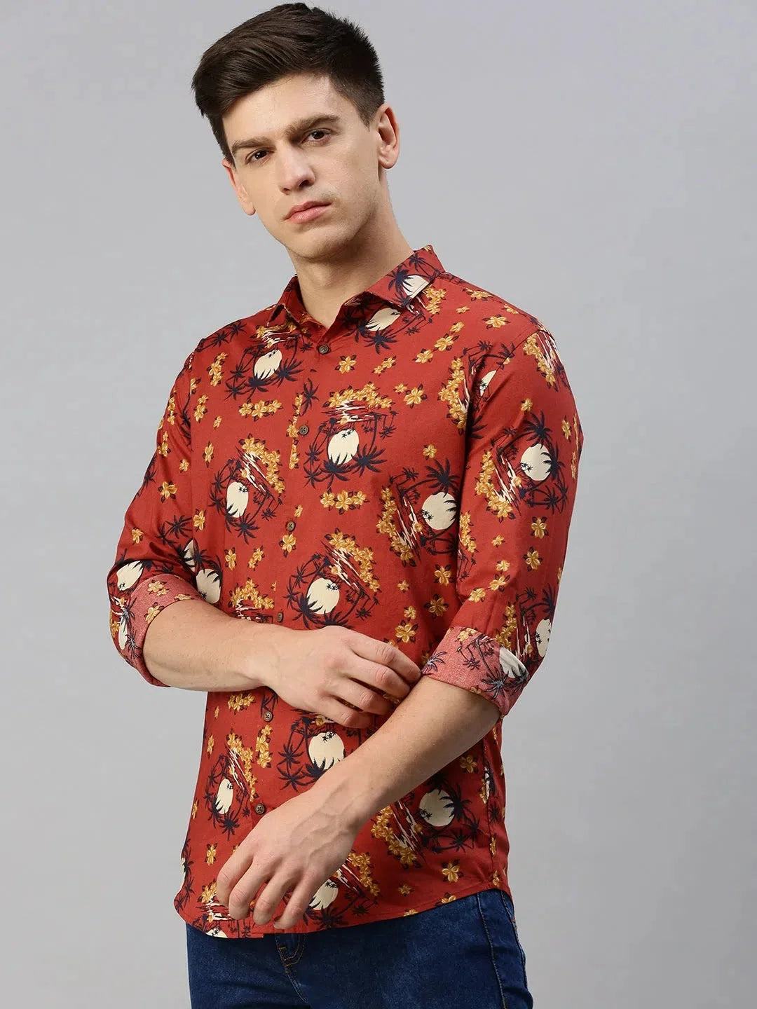 Rust Printed Mens Shirt - Viscose Casual Shirt | DesiQlo