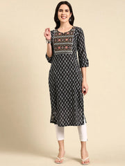 Women's Black Printed Straight Kurta-AT-A752-Black