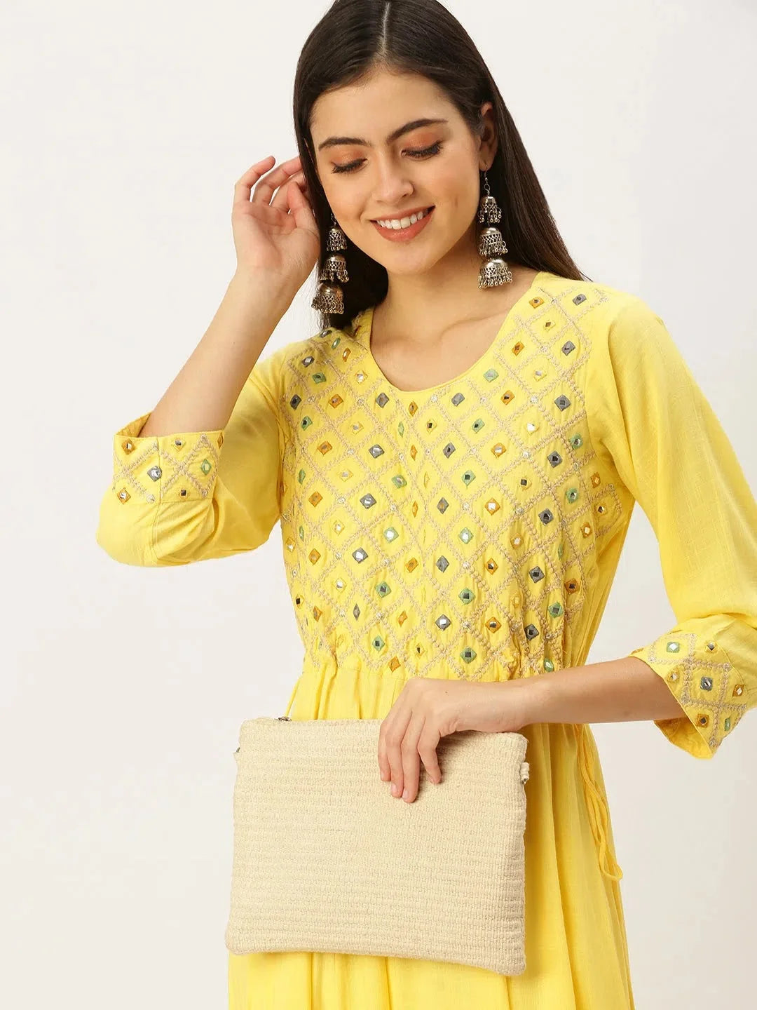 Yellow Embroidered Anarkali Kurti for Women | DesiQlo