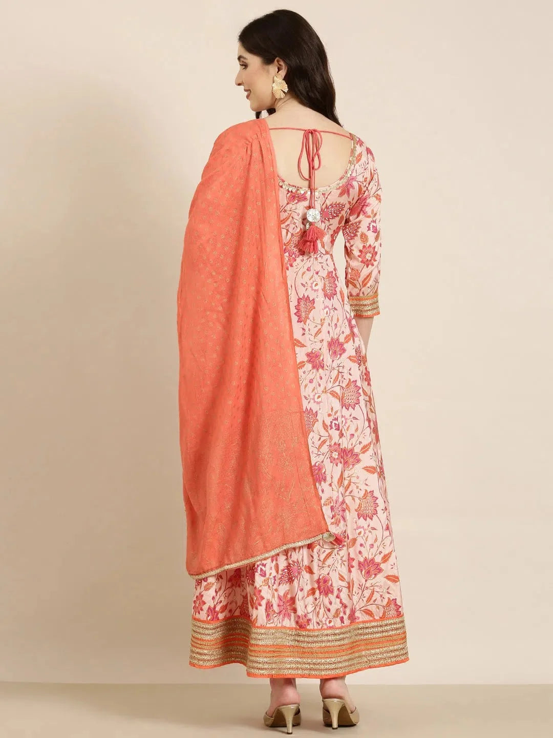 Peach Floral Anarkali Kurta - Women's Cotton Anarkali Kurti