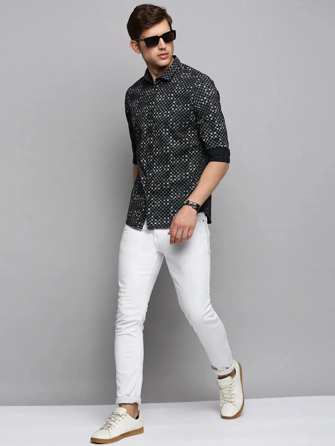 Men's Black Printed Cotton Shirt - Casual Style