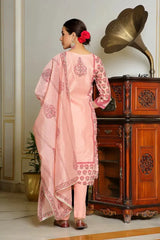 Women Orange Chanderi Block Printed Embroidered Kurta Set With Solid Pants & Dupatta-136-Vaas-Orange