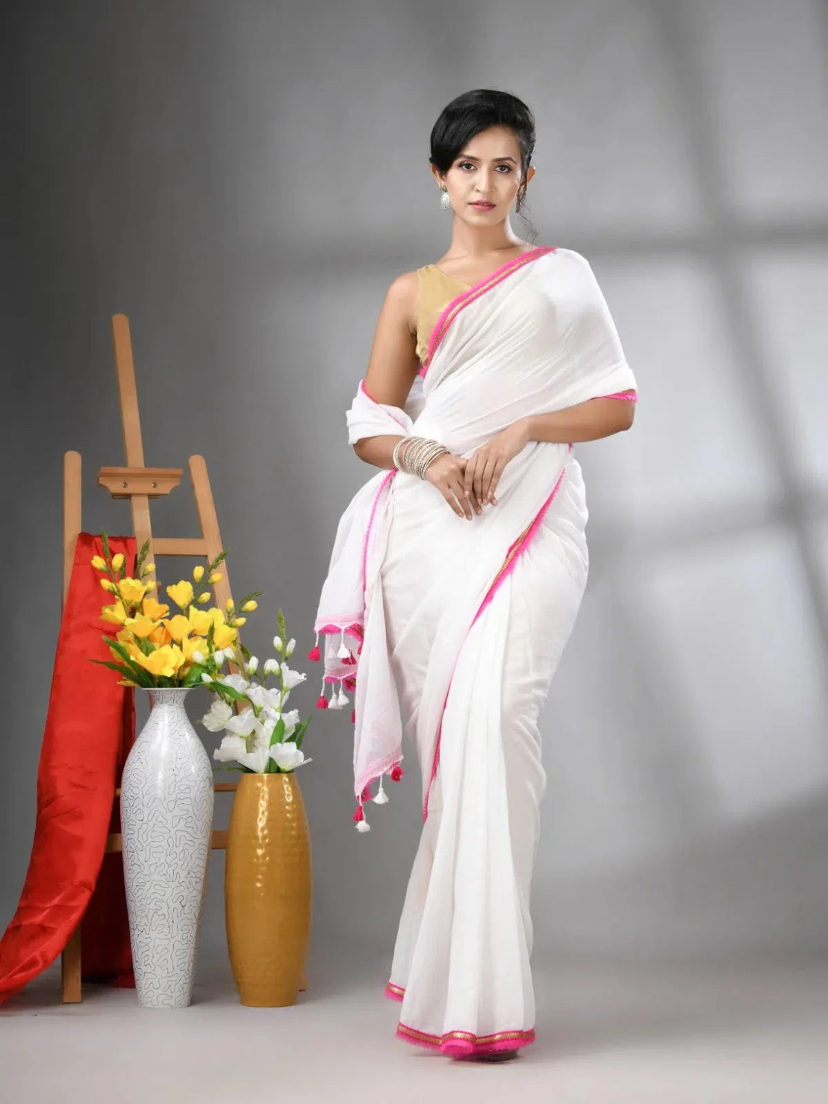 White Mul Cotton Indian Sari with Gota Patti Border