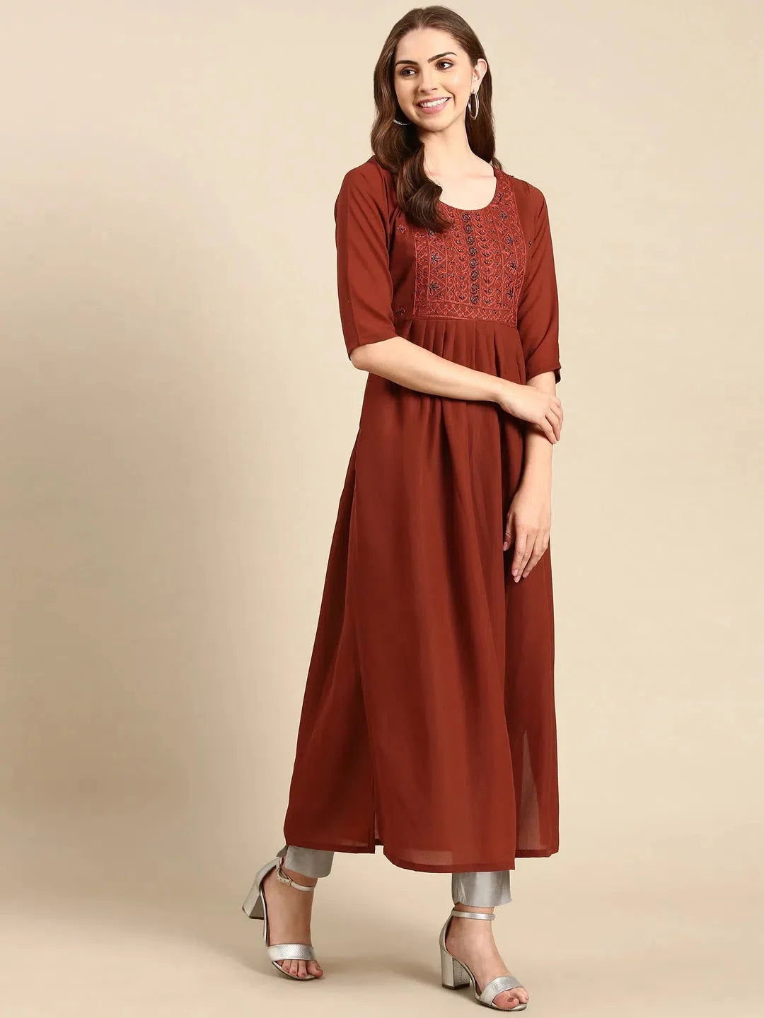 Brown Embellished Anarkali Kurta - Women's Anarkali Suits