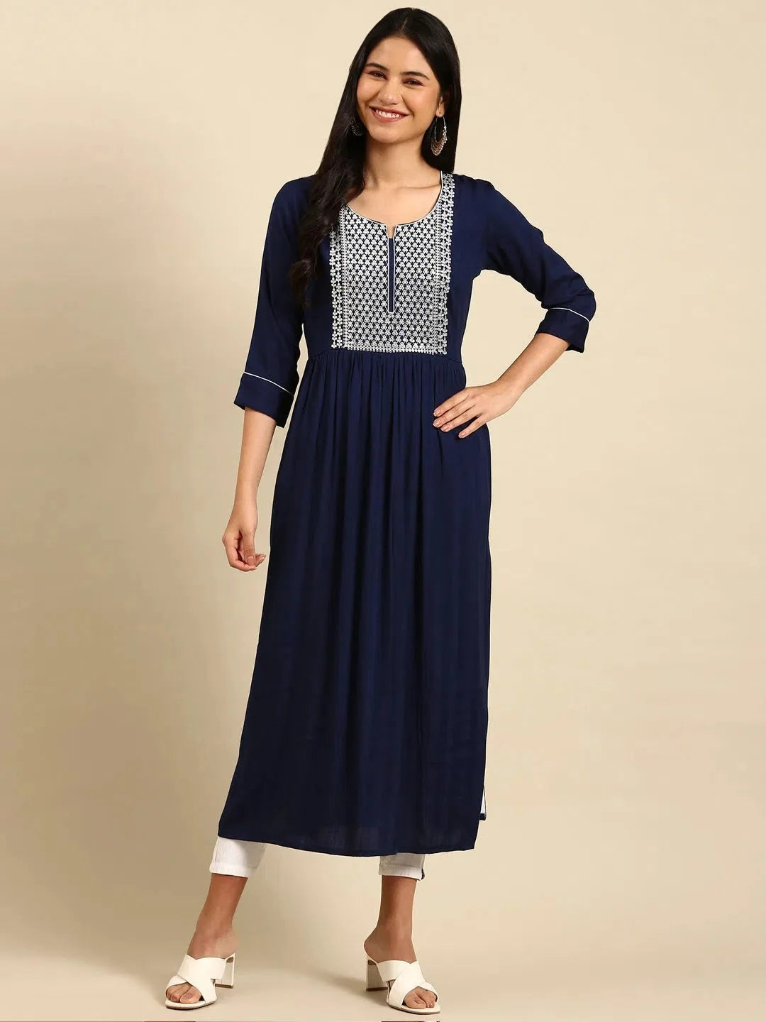 Navy Blue Printed Indian Kurta - Women's Designer Kurtas