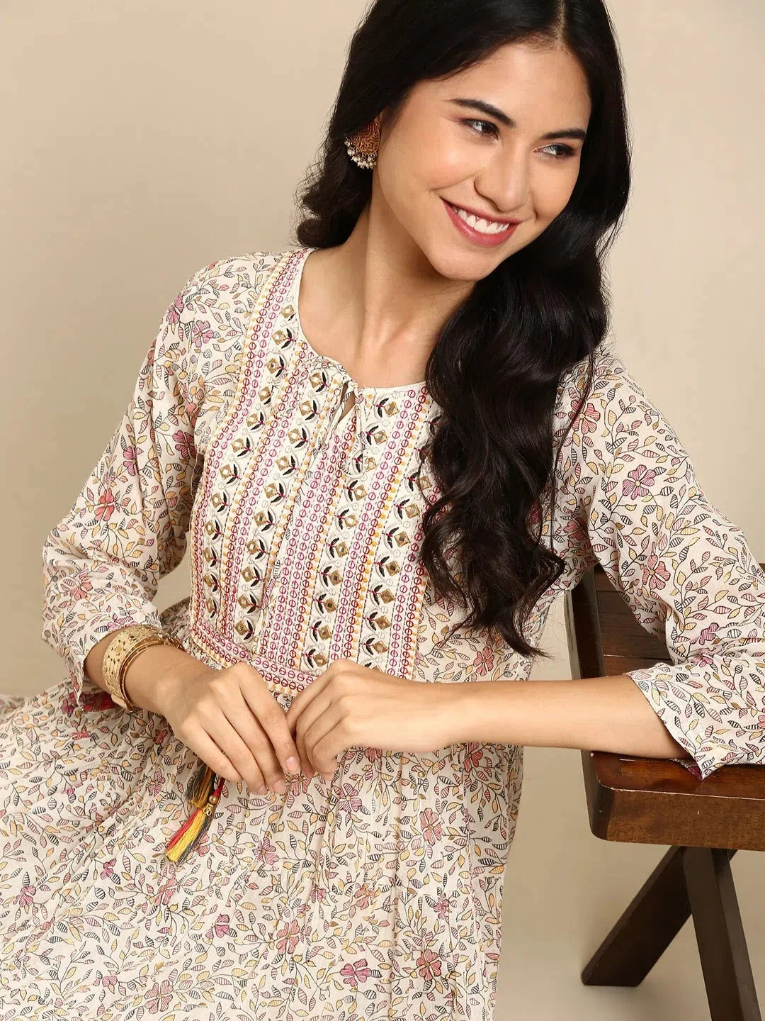 Beige Printed Anarkali Kurti - Women's Polyester Anarkali Dress