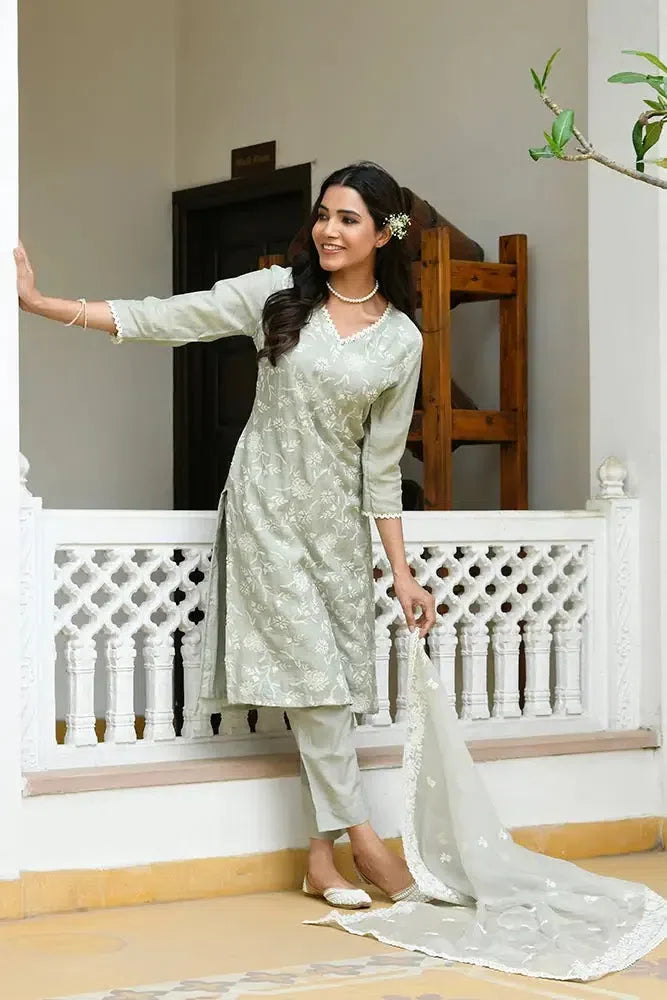 Pista Linen Kurta Set with Embroidered Dupatta | Kurta Sets