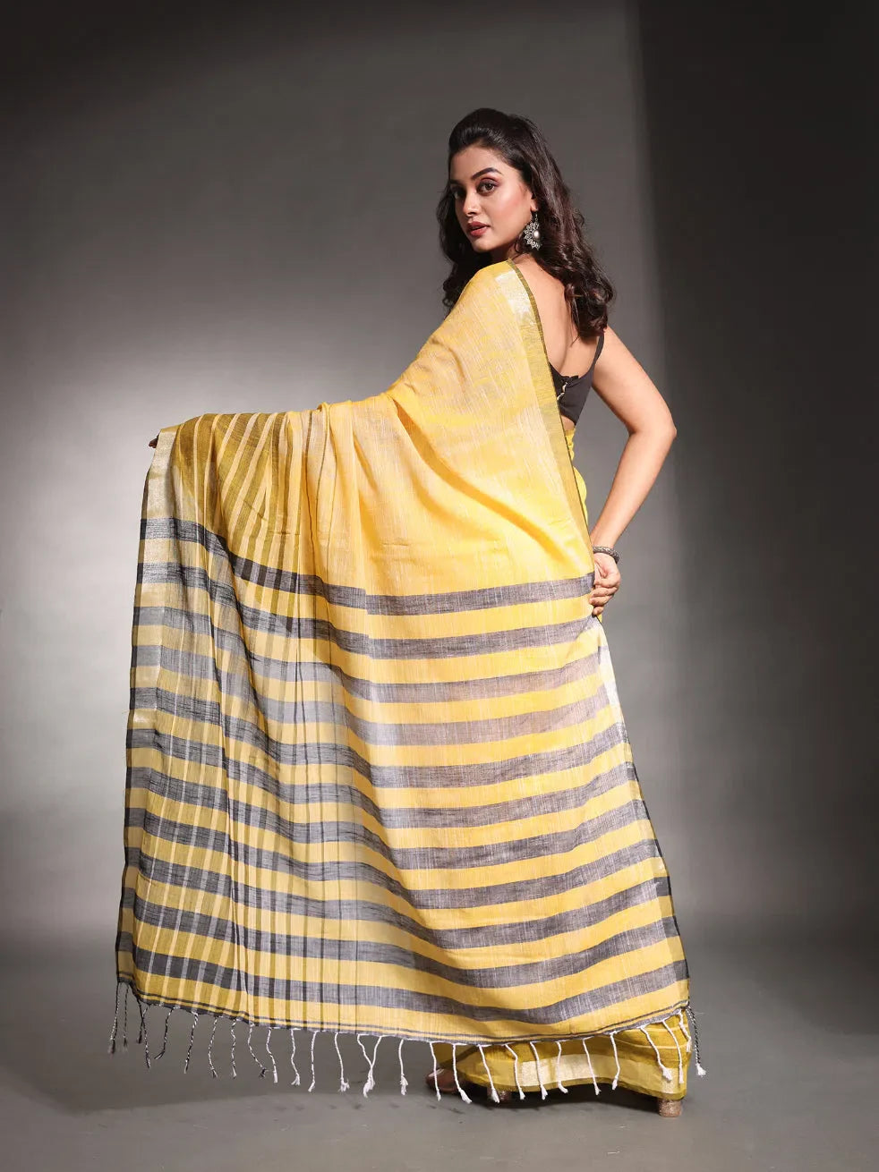 Yellow Pure Cotton Soft Saree With Stripes Pattern-MA54CT33580103