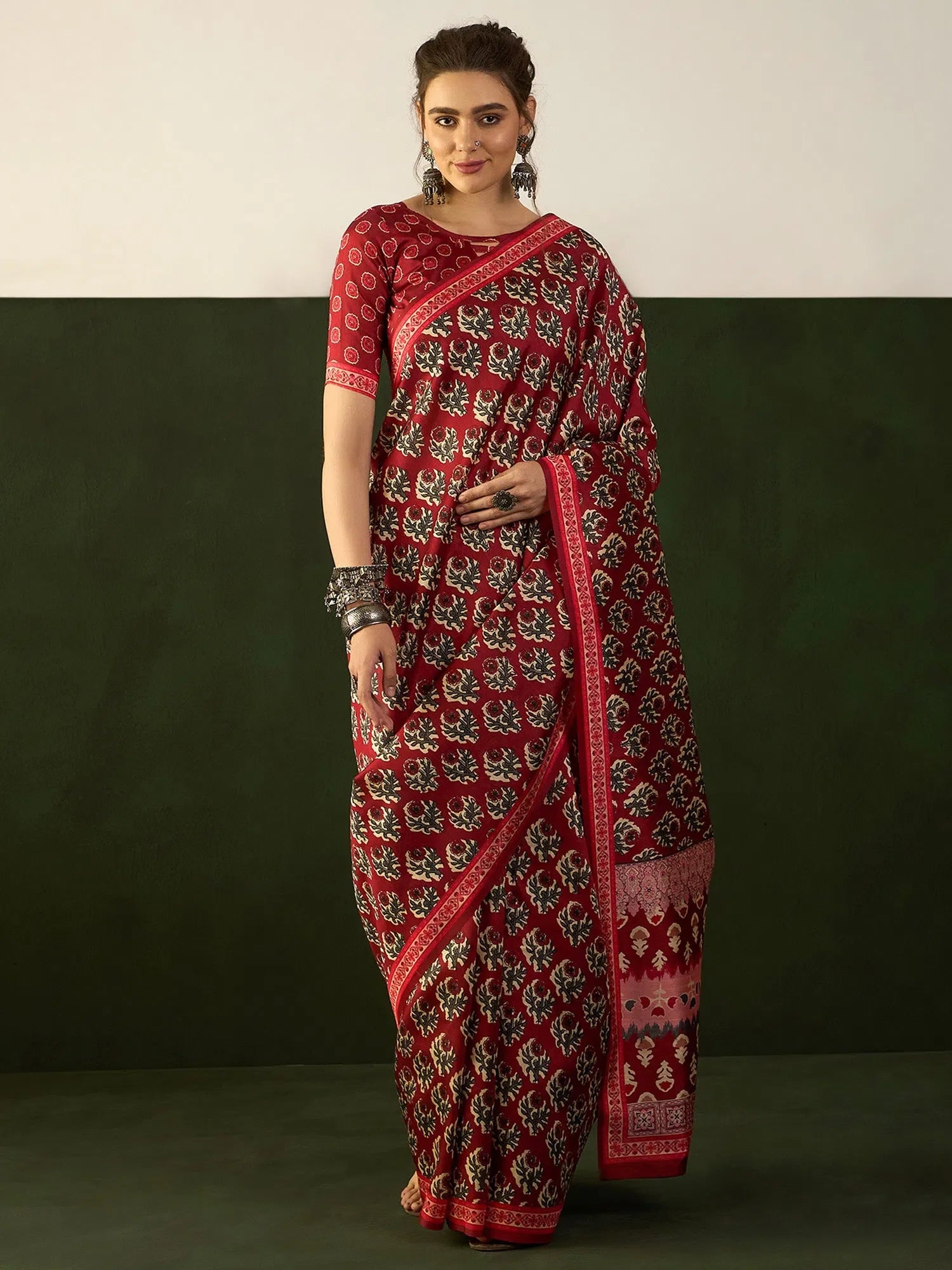 Red Printed Polyester Saree - Designer Sarees India