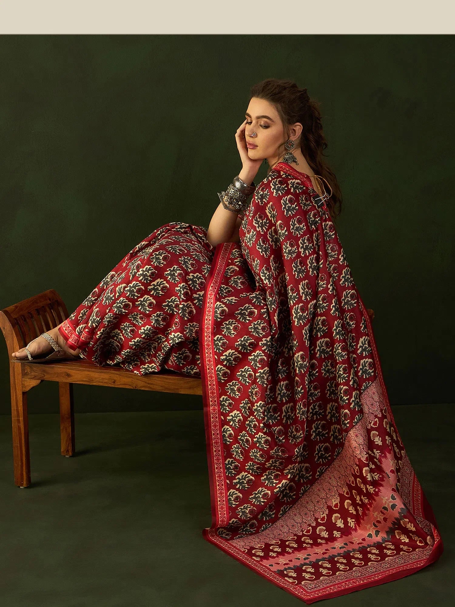 Red Printed Polyester Saree - Designer Sarees India