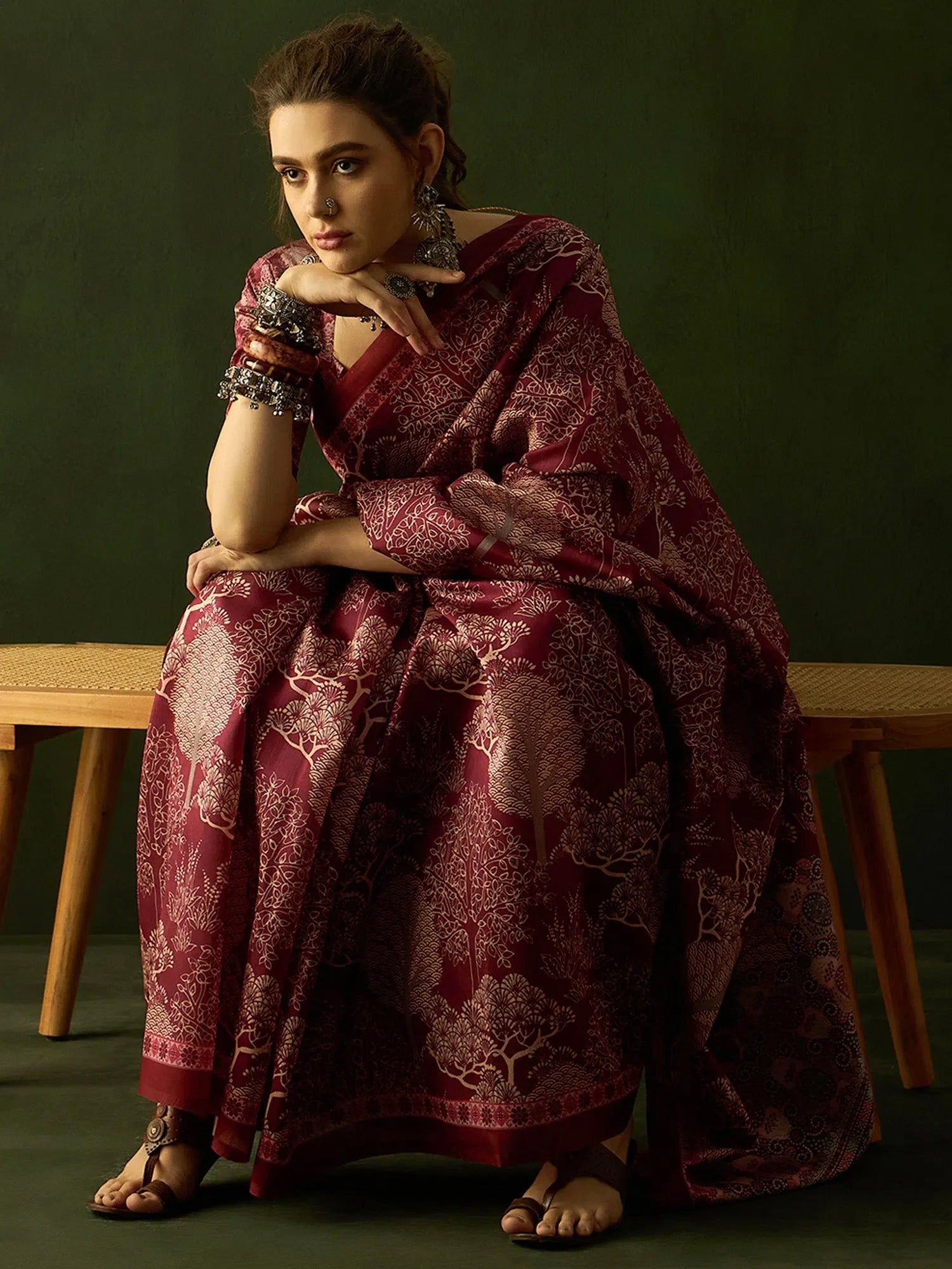Maroon Printed Polyester Saree | Designer Sarees India