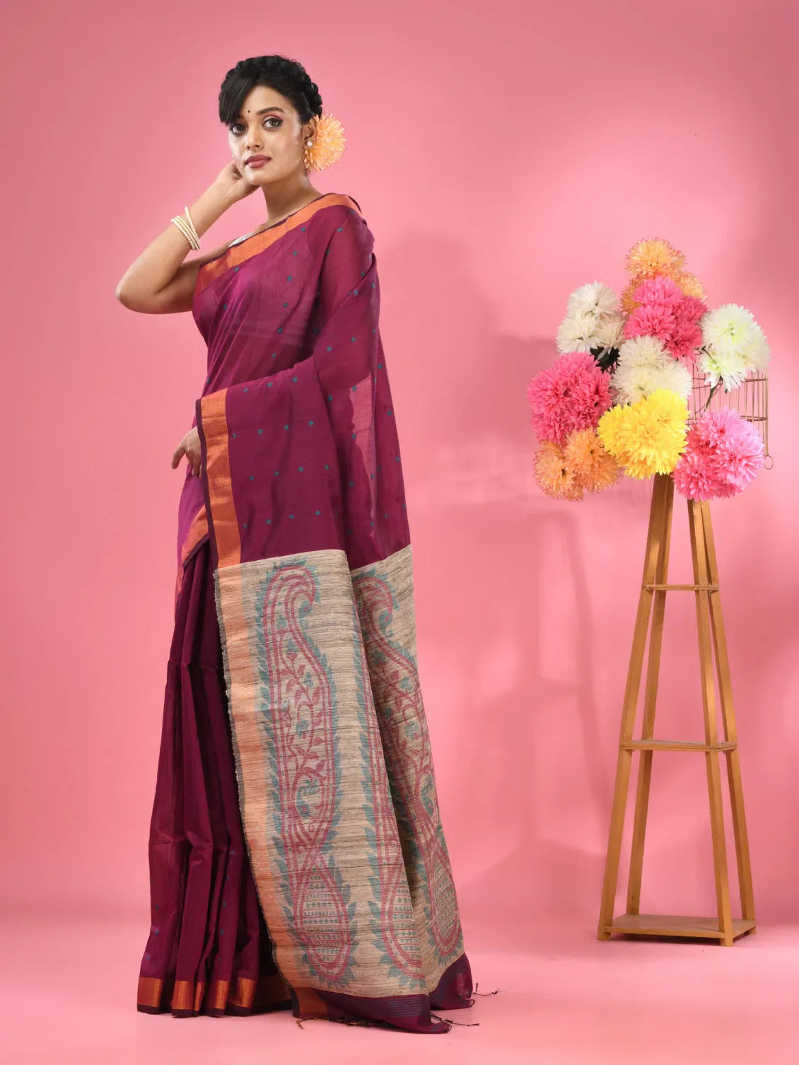 Magenta Cotton Blend Handwoven Saree With Jute Weaving Pallu-MA51BCT431930033